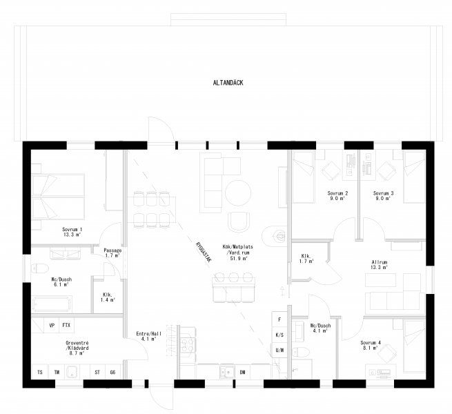 Planlösning 100m2 enplanshus