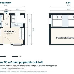 Attefallshus med pulpettak och loft: mörk panel och stora fönster