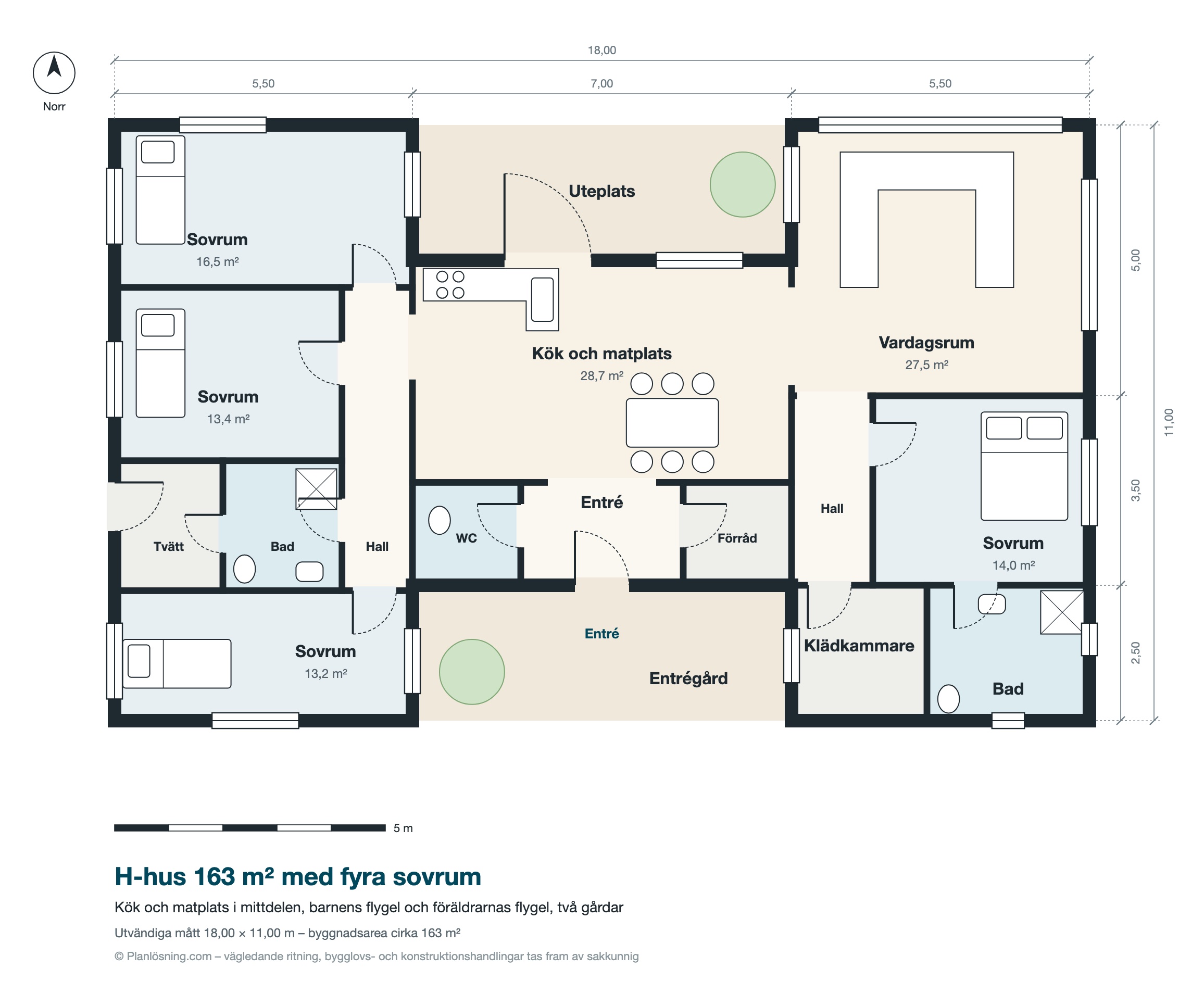 Planritning H-format hus 163 m² med fyra sovrum: kök och matplats i mittdelen, vardagsrum, två badrum, uteplats och entrégård