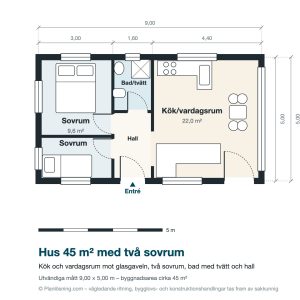 Hus 45 kvm: litet hus med glasgavel och sadeltak
