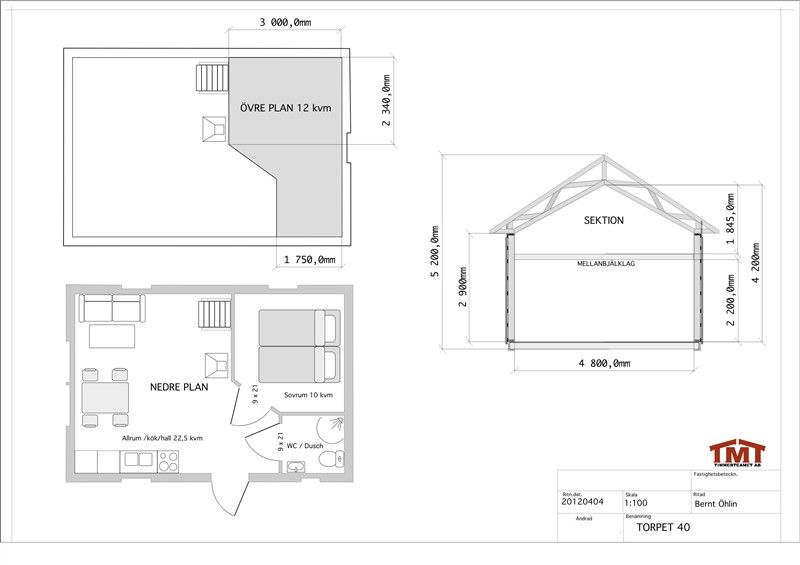 Ritning fritidshus med loft